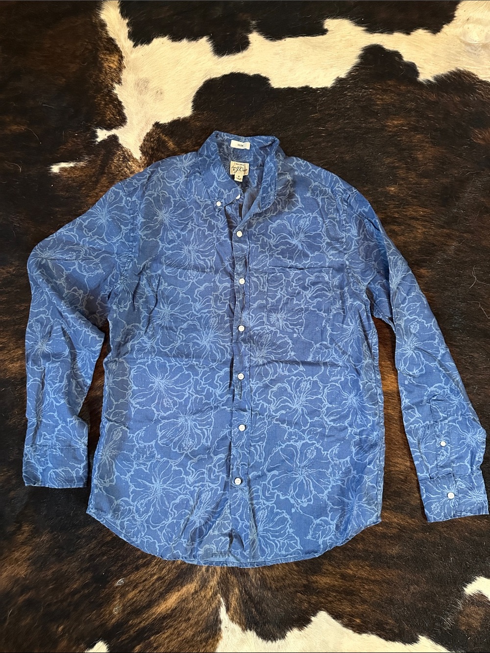 J. Crew Linen Button Up Long Sleeve Shirt, Blue Tropical Floral Men's M Slim Fit